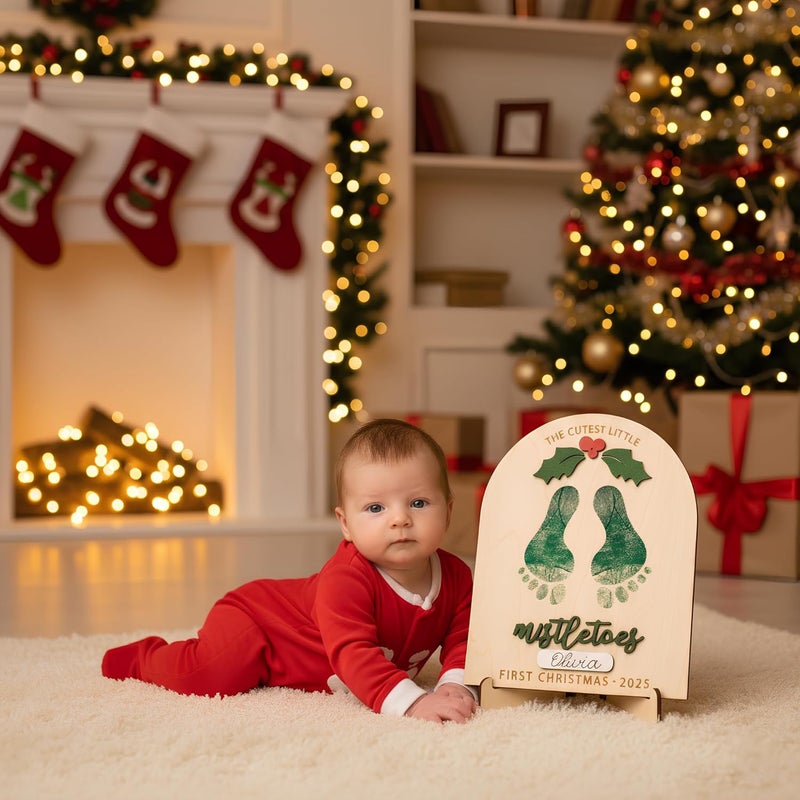 NELXI Personalized Baby’s First Christmas 2025 Wooden Mistletoes Footprint Art, DIY Baby Craft Keepsake, Rustic Christmas Milestone Card, Grandparents Gifts, Baby Shower or Newborn Photoshoot Prop - Image 4